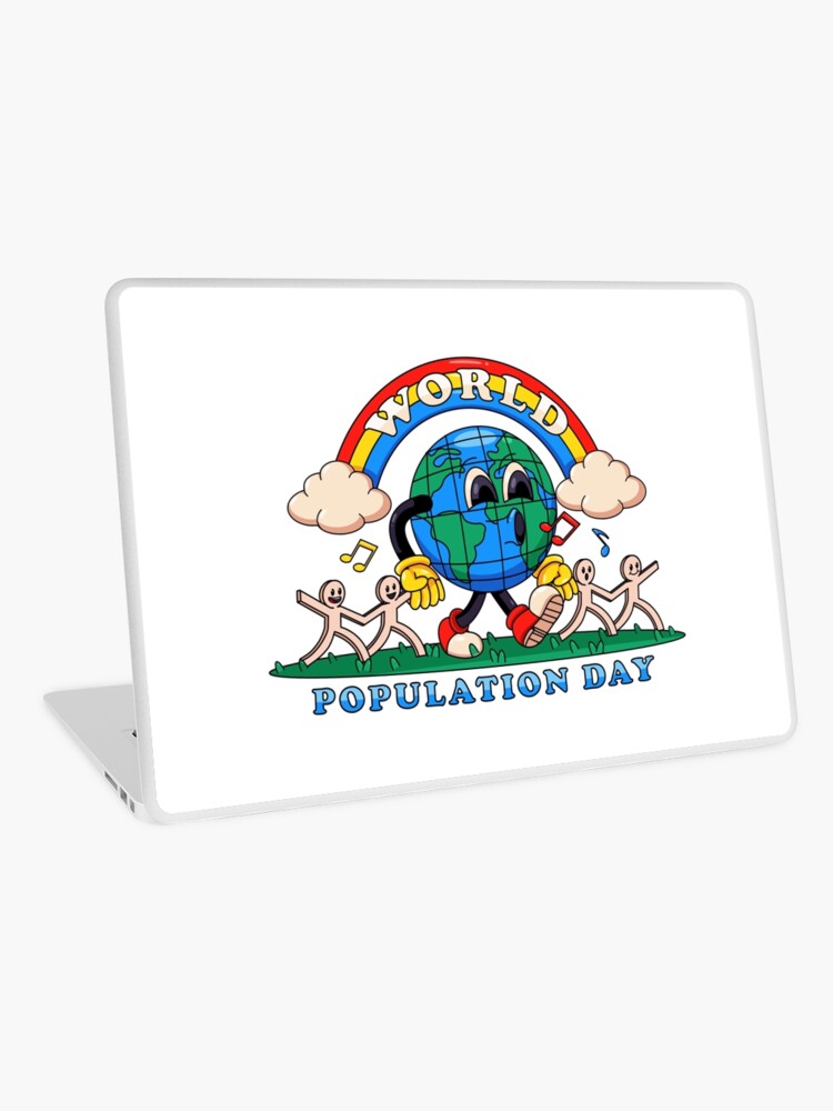 Am Weltbevölkerungstag geht die Erde glücklich umher, während sie sich an  Papiermenschen festhält | Laptop Folie