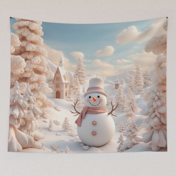 Item preview, Snowman magical winter scene blue and white cream Christmas  designed and sold by Inktown.