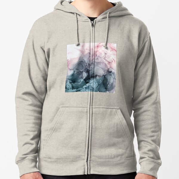 Blush and Payne's Grey Flowing Abstract Painting Zipped Hoodie