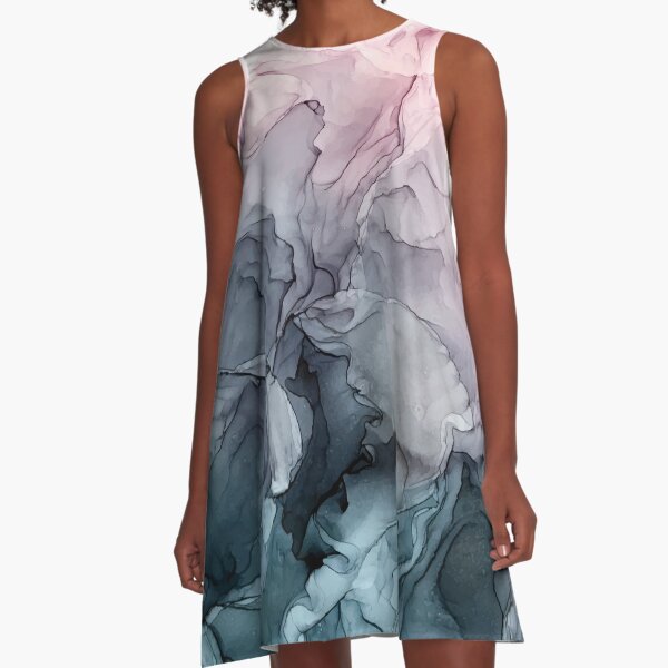 Blush and Payne's Grey Flowing Abstract Painting A-Line Dress
