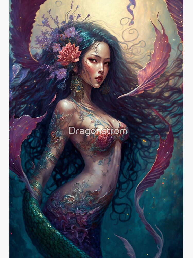 Enchanting Asian Mermaid with Flowers in Hair Art Board Print for Sale by  Dragonstrom