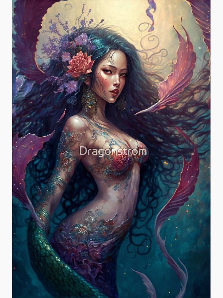 Enchanting Asian Mermaid with Flowers in Hair | Canvas Print