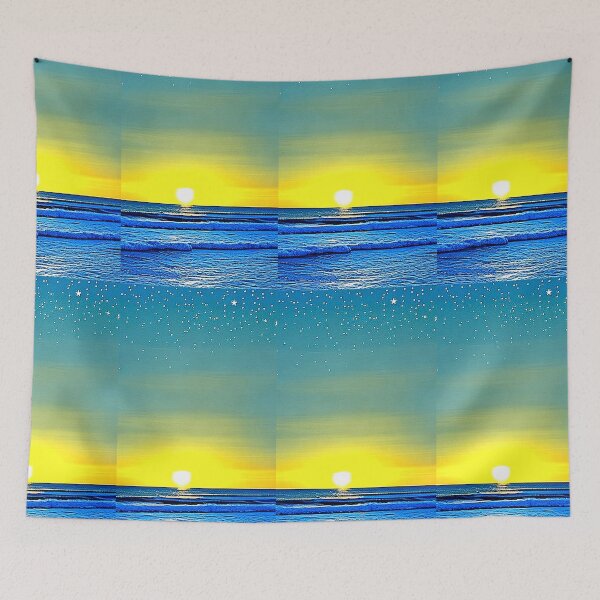 Item preview, Tropical sunset at night linograph folk art designed and sold by Earth Nature Creations.