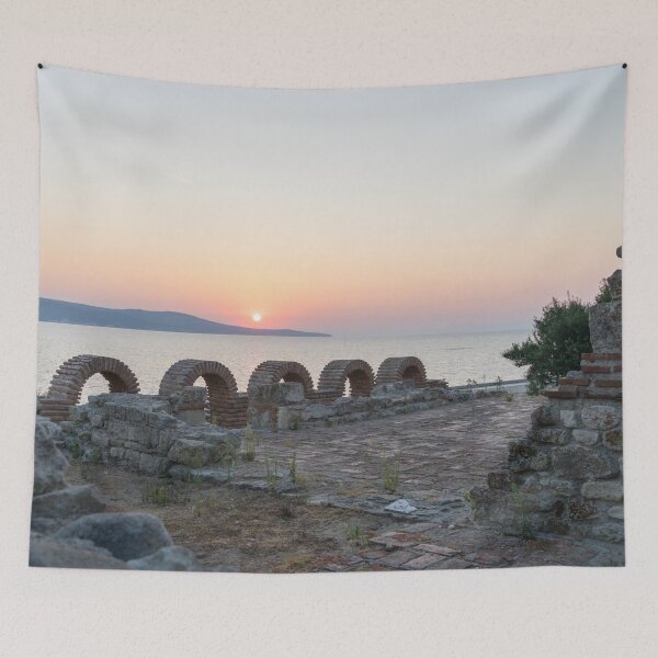 Item preview, Nessebar Sunrise over Holy Mother of God Eleusa Basilica Ruins designed and sold by Georgia Mizuleva.