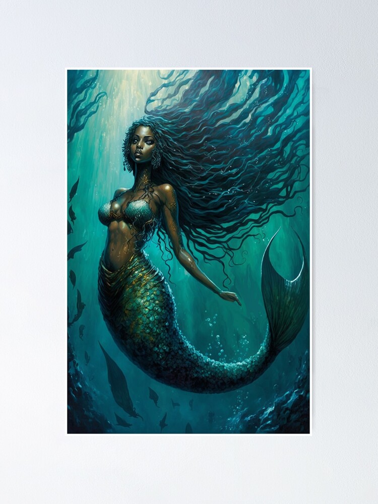 Resplendent Dark-Skinned Mermaid with Iridescent Aqua and Green Scales |  Poster