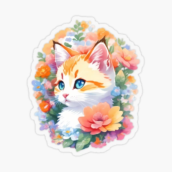 Cute cat with flowers, pet, floral stickers, cat stickers Sticker