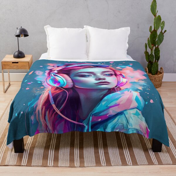 Item preview, Red haired girl with red lipstick, wearing a blue hoodie while listening to music through her headphones designed and sold by DWeyers.