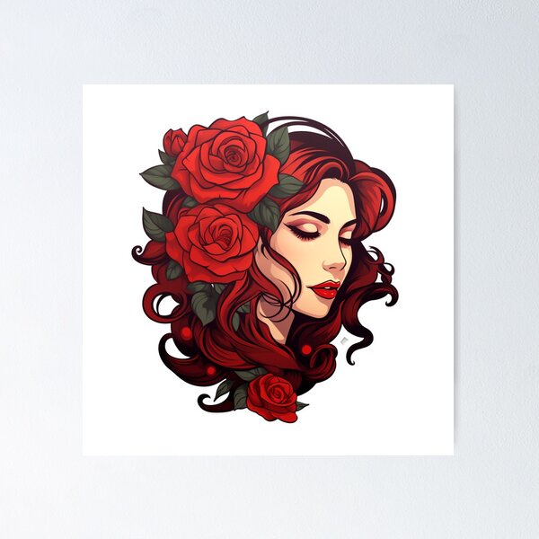 Item preview, Red hair woman with roses flower  designed and sold by SmileshareShop.