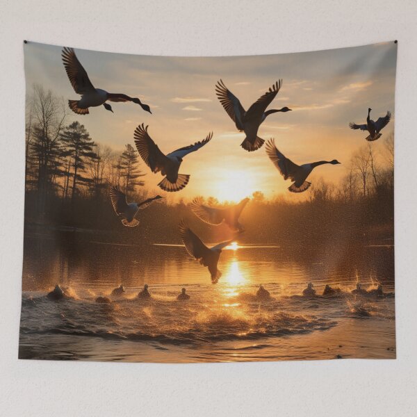 Item preview, A flock of geese flying from a pond designed and sold by isBotStore.