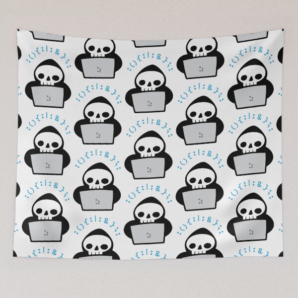 Item preview, Skull Hacker with black hoodie and laptop writing a Fork Bomb designed and sold by LucastaOdetten.