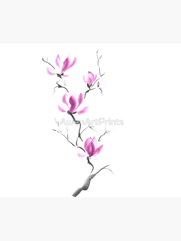 Branch of blooming purple magnolia flowers Japanese Zen Sumi-e painting on white art print by AwenArtPrints