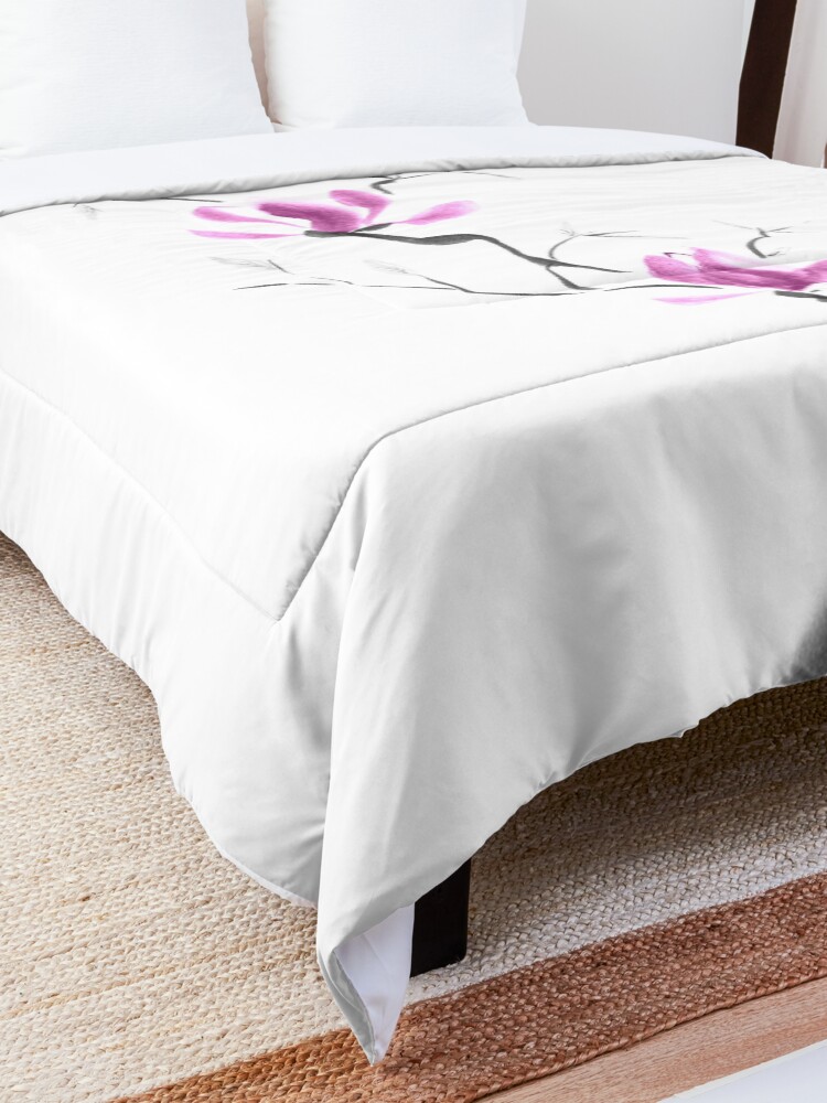 Alternate view of Branch of blooming purple magnolia flowers Japanese Zen Sumi-e painting on white art print Comforter