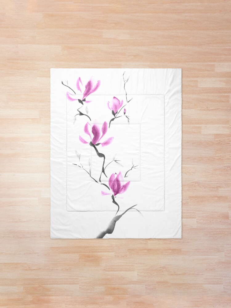 Alternate view of Branch of blooming purple magnolia flowers Japanese Zen Sumi-e painting on white art print Comforter