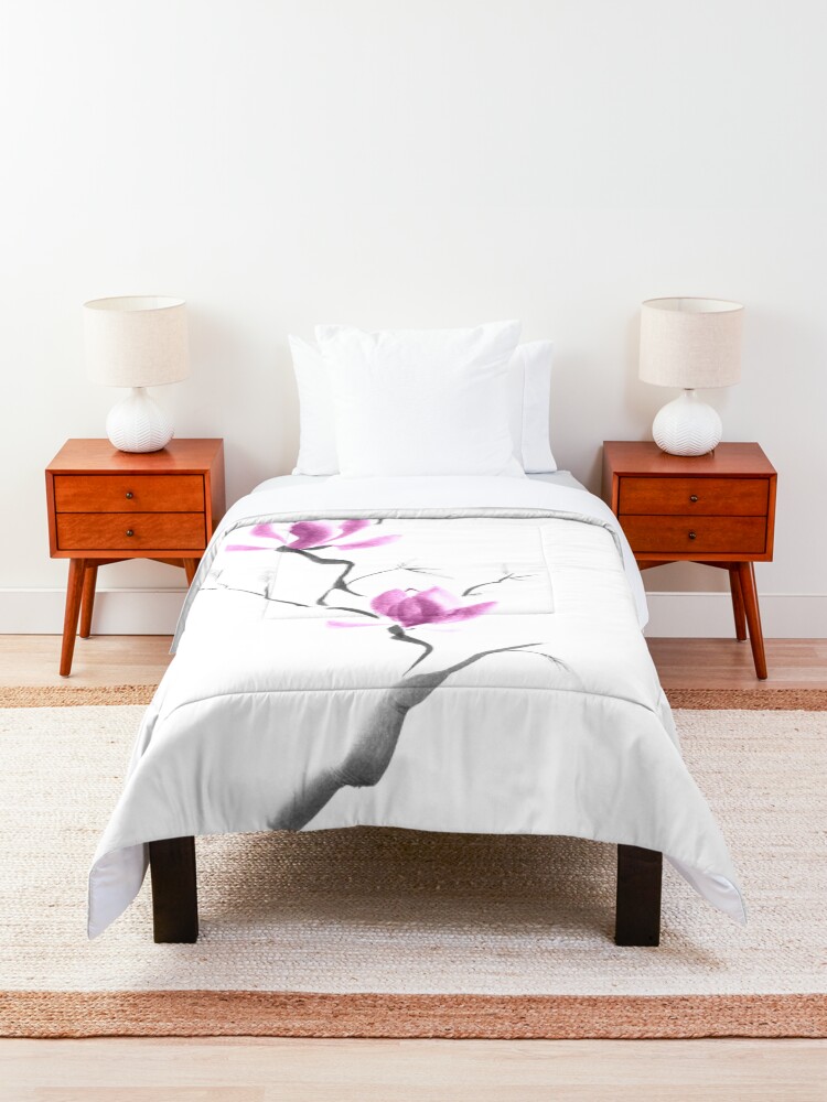 Alternate view of Branch of blooming purple magnolia flowers Japanese Zen Sumi-e painting on white art print Comforter