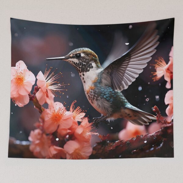 Item preview, A tiny hummingbird hovering near a vibrant flower blossom  designed and sold by artumbre.