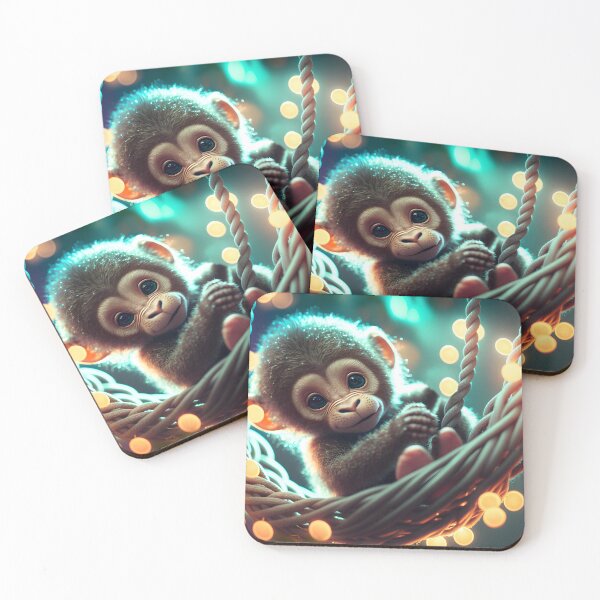 Item preview, Cute baby monkey on a wicker swing with sparkly fireflies designed and sold by Maelgoa.
