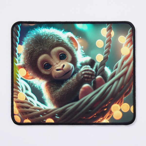 Item preview, Cute baby monkey on a wicker swing with sparkly fireflies designed and sold by Maelgoa.