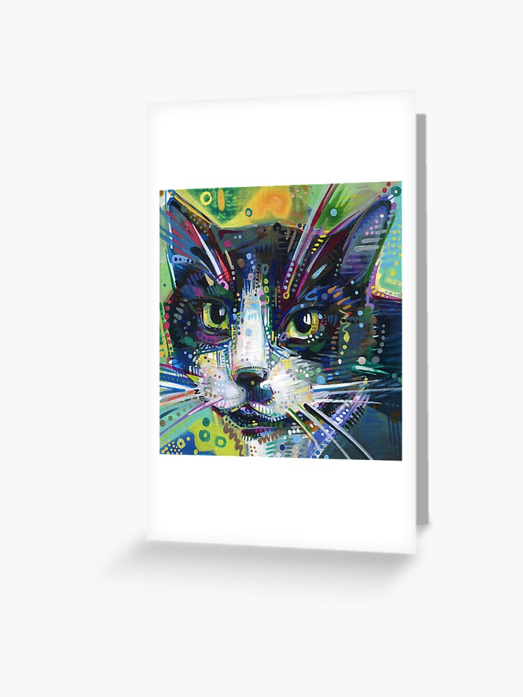 Thumbnail 1 of 2, Greeting Card, Tuxedo Cat Face designed and sold by gwennpaints.