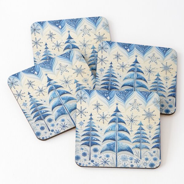 Item preview, Christmas trees and stars and snowflakes whimsical blue and white  designed and sold by Inktown.