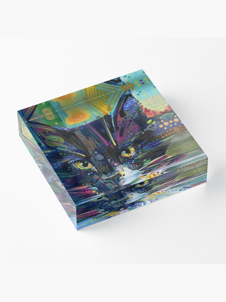Alternate view of Black and white maine coon cat painting - 2011 Acrylic Block