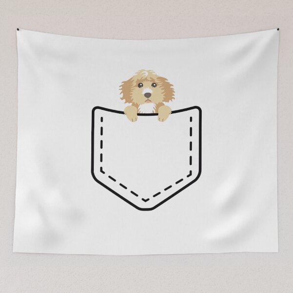 Item preview, labradoodle puppy peeking from fake pocket designed and sold by PERsonalthreads.
