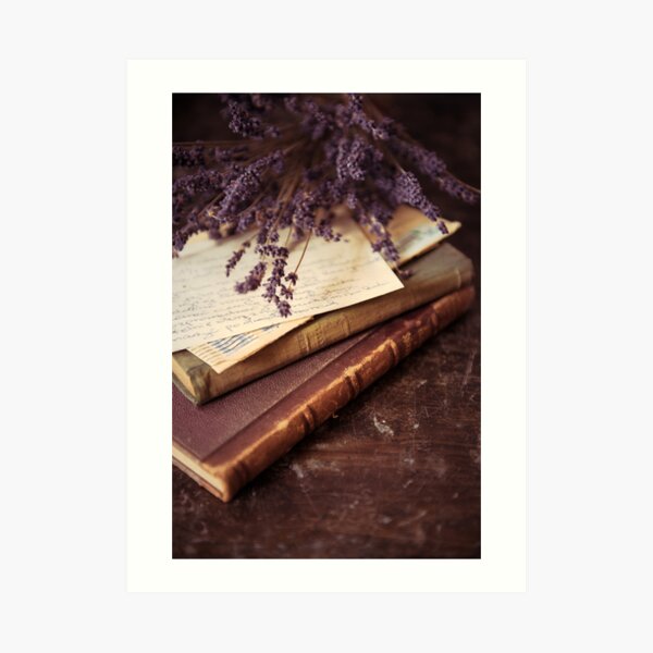 Still life with old books and lavenda Art Print