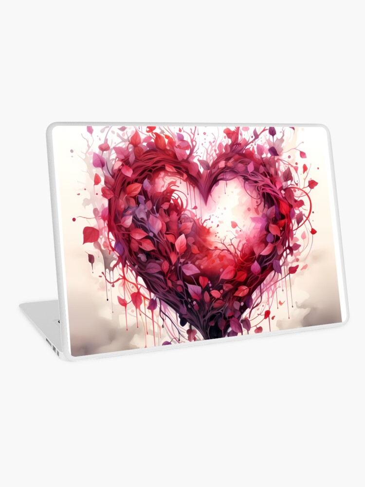 Aperçu 1 sur 2. Skin adhésive d'ordinateur avec l'œuvre Symbole d'amour : Cœur délicatement enveloppé de feuillage rouge et rose créée et vendue par MeLYQc.