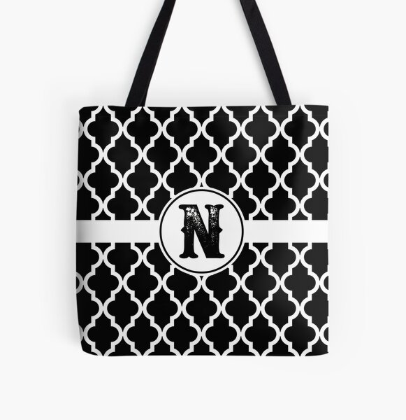 Black Letter N Monogram / Initial Botanical Illustration Tote Bag