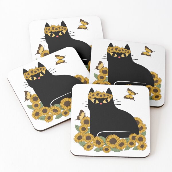 Item preview, Mid Century hippie black cat with sunflowers designed and sold by BattaAnastasia.