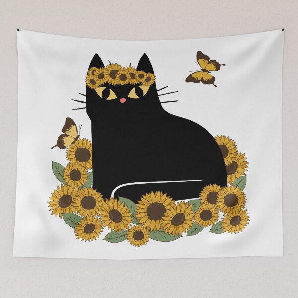 Item preview, Mid Century hippie black cat with sunflowers designed and sold by BattaAnastasia.