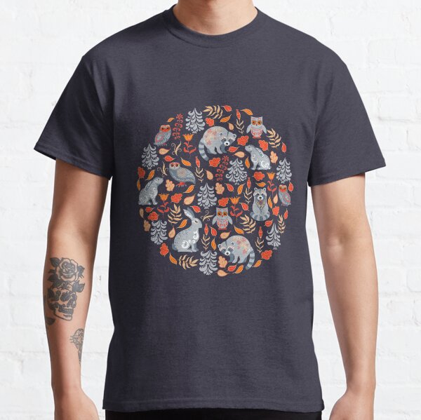 Fairy forest with raccoons and hares, silver fir trees, flowers and herbs. Classic T-Shirt
