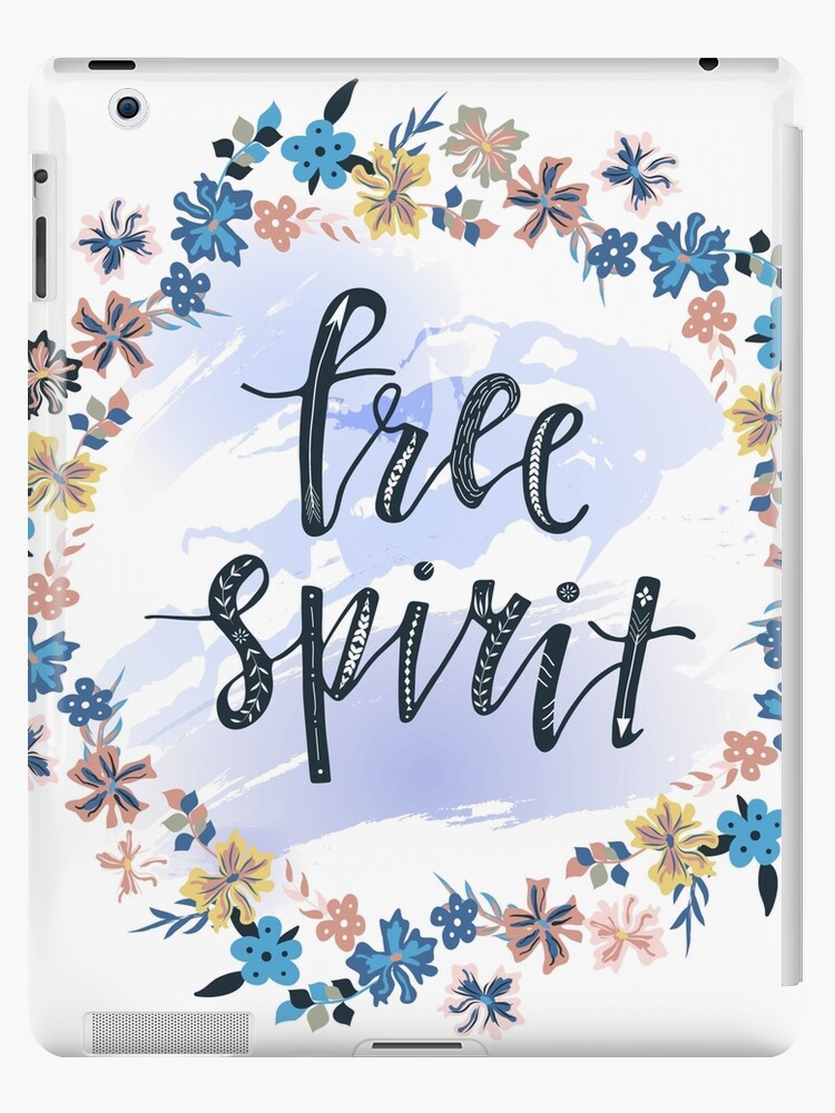 Free spirit hand drawn lettering phrase with floral wreath at watercolor  background. Modern brush calligraphy. Boho and gypsy style.