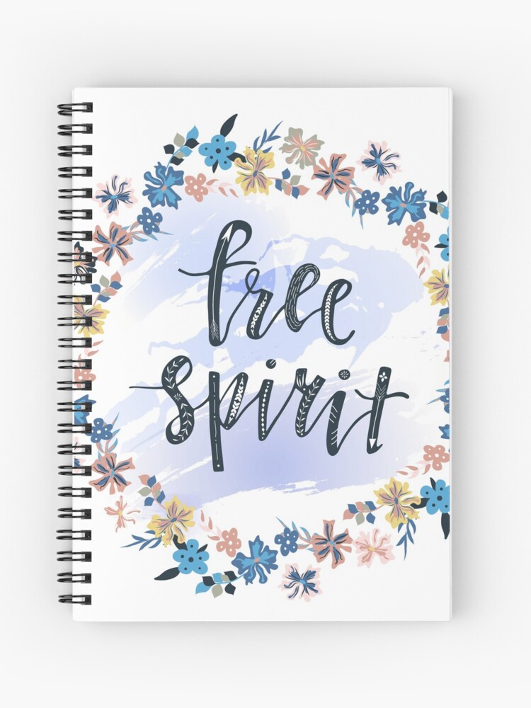 Free spirit hand drawn lettering phrase with floral wreath at watercolor  background. Modern brush calligraphy. Boho and gypsy style.