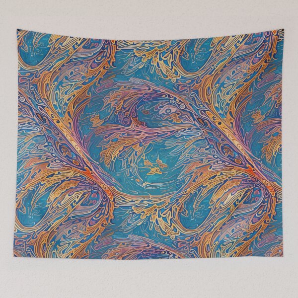 Item preview, A Golden Seaweed Pattern Over a Blue Background designed and sold by venezuel4n.