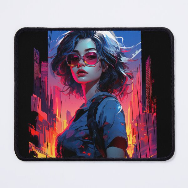 Item preview, Cyberpunk style anime girl with glasses,city on fire designed and sold by SwiftArtHaven.