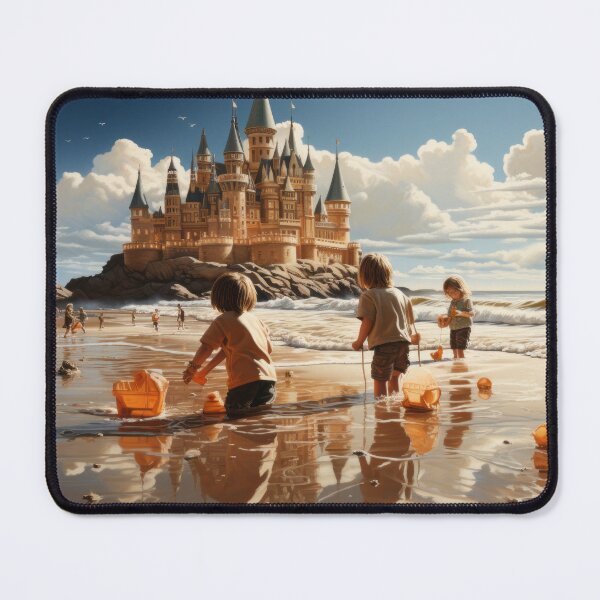 Item preview, Children playing at the beach with magic castell in the backround AI Mid Journey.  designed and sold by phelanartwork67.