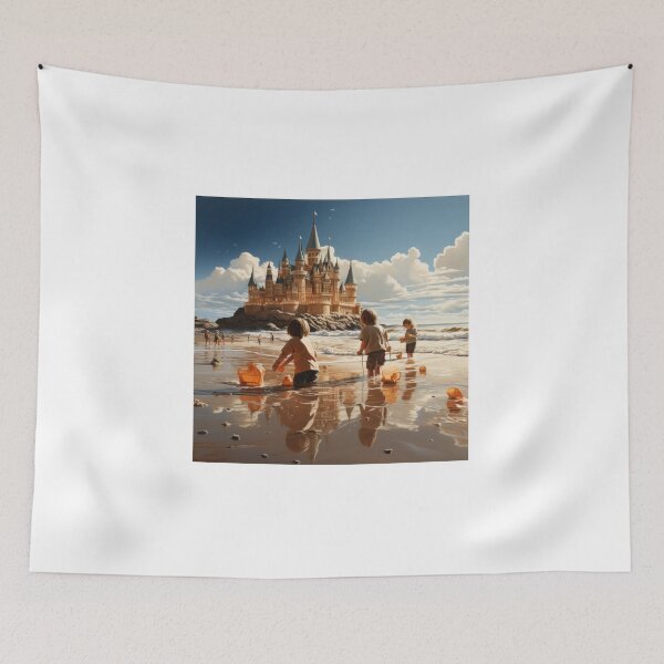 Item preview, Children playing at the beach with magic castell in the backround AI Mid Journey.  designed and sold by phelanartwork67.