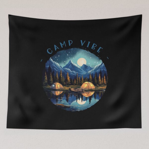 Item preview, Camp Vibe Tents And Campfire With Mountains Forest Lake By Night With Moon designed and sold by xenami.