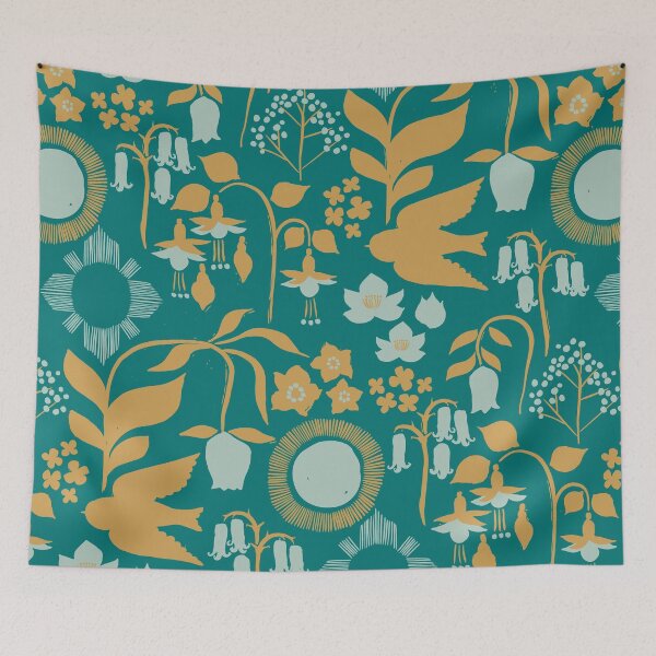 Item preview, Under the Sun {Teal Ochre Eggshell} Birds and Flowers - large designed and sold by Cecilia Mok.
