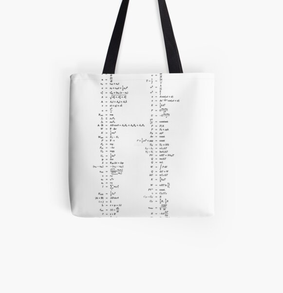 Physics, Physics, length, distance, height, area, volume, time, speed, velocity, area rate, diffusion coefficient, kinematic viscosity, specific angular momentum, thermal diffusivity All Over Print Tote Bag