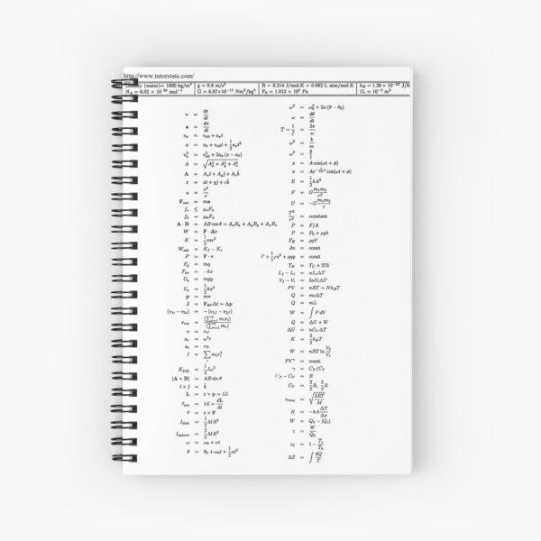 Physics, length, distance, height, area, volume, time, speed, velocity, area rate, diffusion coefficient, kinematic viscosity, specific angular momentum, thermal diffusivity Spiral Notebook