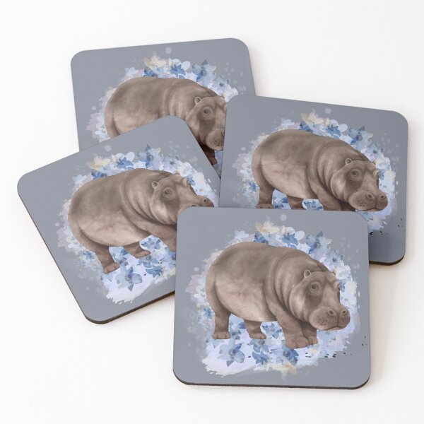 Item preview, Watercolor hippo with blue flower designed and sold by watercolorpic.