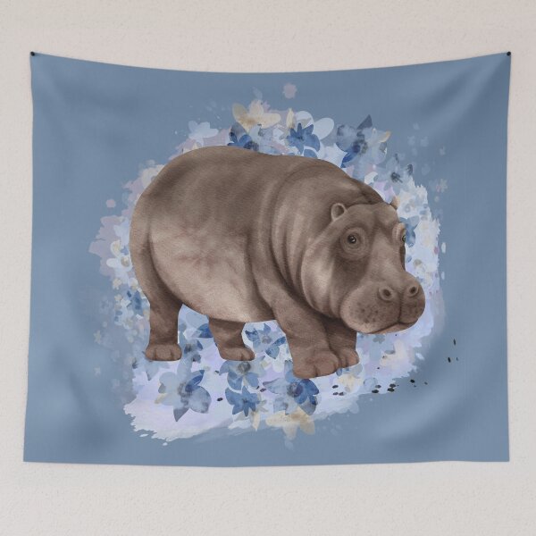 Item preview, Watercolor hippo with blue flower designed and sold by watercolorpic.