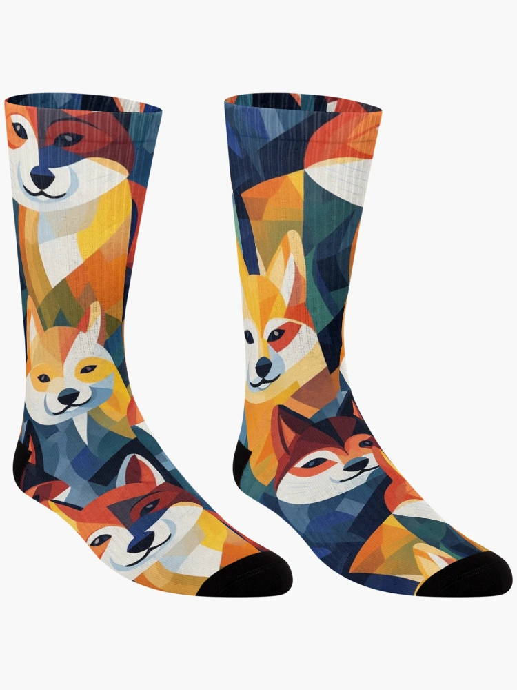 Thumbnail 3 of 5, Socks, Abstract Colorful Shiba Inu Pattern designed and sold by StephyCreative.