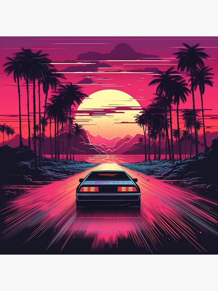 Retro-Futuristic Car Driving Through City Towards Synthwave Sun  Throw  Pillow for Sale by Nightarcade