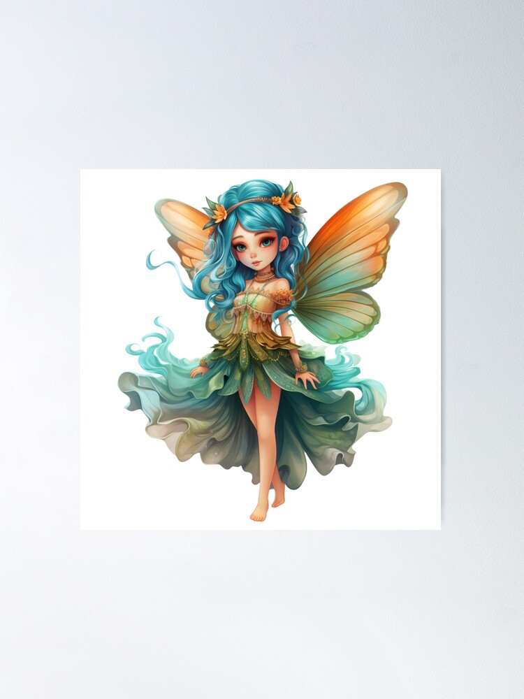 Beautiful fairy with orange wings and blue hair.