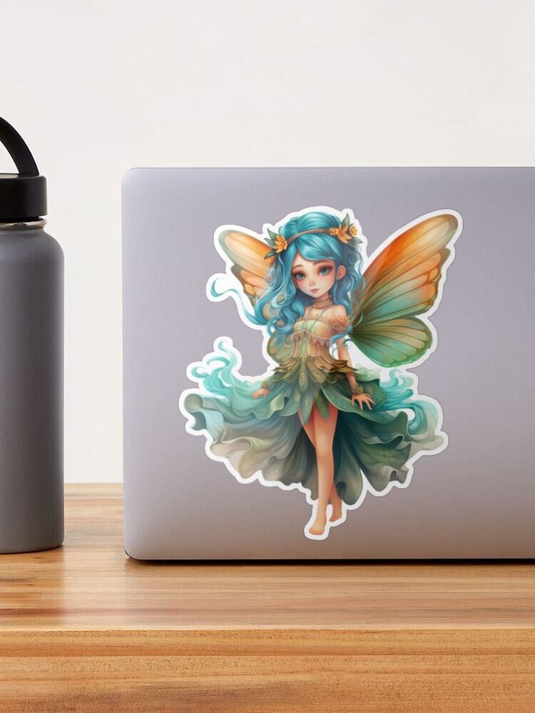 Beautiful fairy with orange wings and blue hair. Sticker for Sale