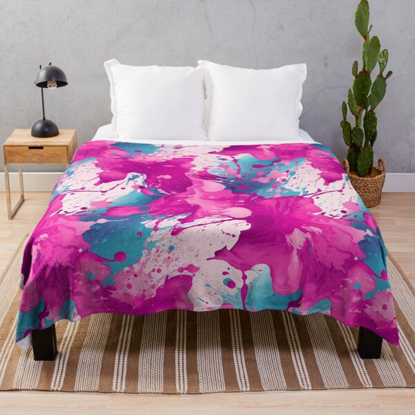 Item preview, Flower Pattern 32, stunning fuchsia paint splatter hibiscus spinning like rinsed out butterflies, inky blue distant river, soft pink background, quite messy abstract flora and nature. designed and sold by FoxRobinRabbit.