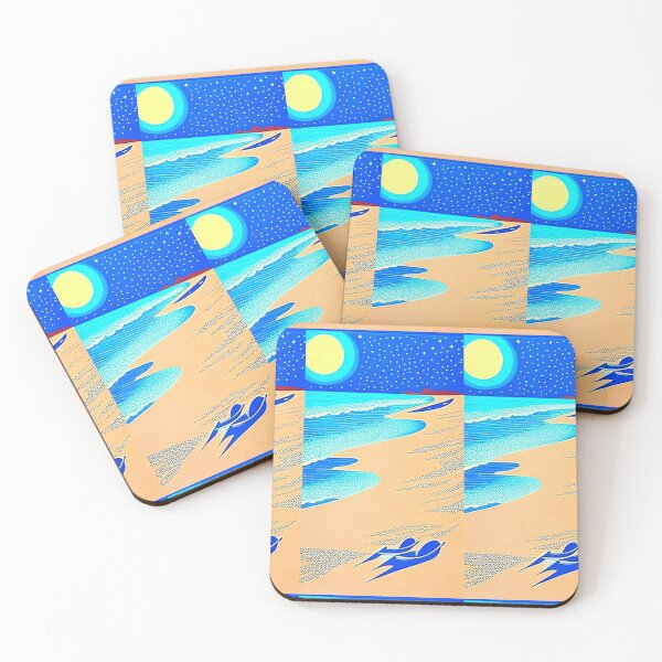 Item preview, Beach Waves colorful linograph folk art designed and sold by Earth Nature Creations.