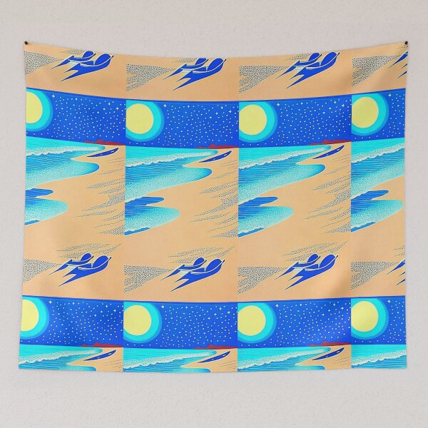 Item preview, Beach Waves colorful linograph folk art designed and sold by Earth Nature Creations.